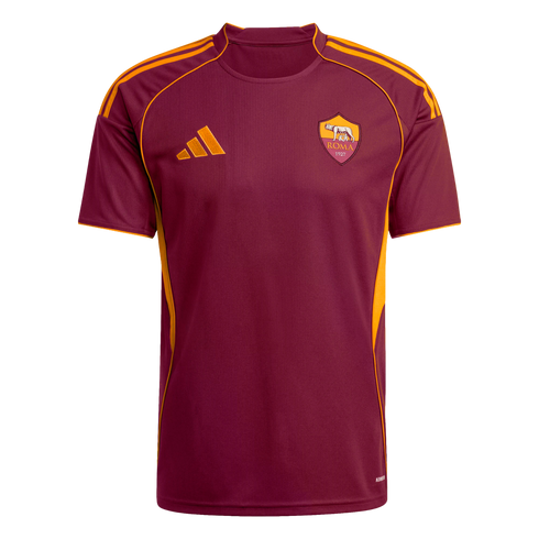 Maroon AS Roma training jersey by Adidas with orange-yellow details and the club crest on the chest, set against a black background.