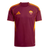 Maroon AS Roma training jersey by Adidas with orange-yellow details and the club crest on the chest, set against a black background.