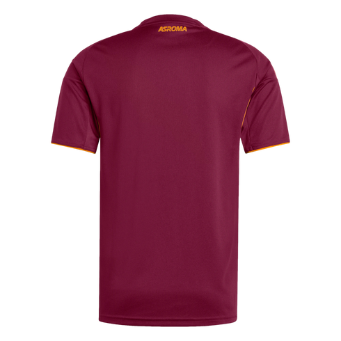 Back of a maroon short-sleeved soccer jersey with orange sleeve trim and "ASROMA" printed in orange on the neck.