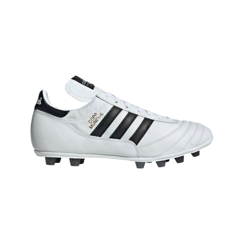 Profile view of a white leather Adidas Copa Mundial soccer cleat with three black stripes, gold lettering, and black studs, set against a black background.