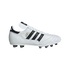 Profile view of a white leather Adidas Copa Mundial soccer cleat with three black stripes, gold lettering, and black studs, set against a black background.