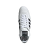 Top-down view of a white Adidas Copa Mundial soccer cleat with black stripes and laces, isolated on a black background.