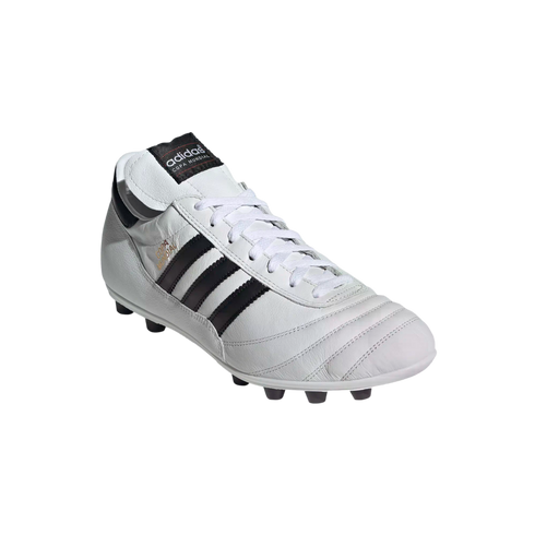 A white leather Adidas Copa Mundial soccer shoe with black stripes and gold lettering, isolated on black.