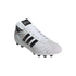 A white leather Adidas Copa Mundial soccer shoe with black stripes and gold lettering, isolated on black.