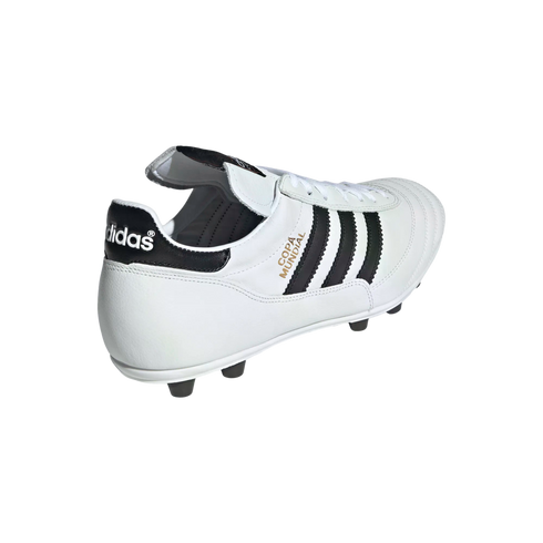 A white Adidas Copa Mundial soccer cleat with three black stripes and gold text, shown from a rear angle on a black background.