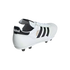 A white Adidas Copa Mundial soccer cleat with three black stripes and gold text, shown from a rear angle on a black background.