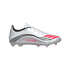 A silver soccer cleat with black wavy lines, red stripes, and "MESSI" branding on the side, shown from a side profile against a white background.