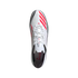Top-down view of a white Adidas Messi soccer cleat featuring bright pink stripes, silver details, and white laces.