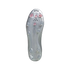 Bottom view of a silver Adidas soccer cleat featuring a metallic soleplate with pink-tipped and clear studs and the Adidas logo.
