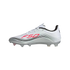 Side-profile of a white Adidas F50 soccer cleat with silver and black curved graphics, red "F50" branding, and translucent studs.