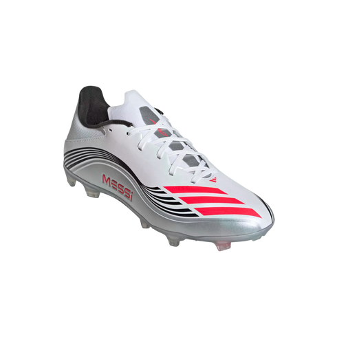 White and silver Adidas Messi soccer cleat with black curved lines, three red stripes near the toe, and red "MESSI" text on the side.