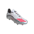 White and silver Adidas Messi soccer cleat with black curved lines, three red stripes near the toe, and red "MESSI" text on the side.
