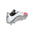 Rear-quarter view of a white Adidas Messi soccer cleat with black wavy stripes, silver accents, and pink "MESSI" lettering on the side.