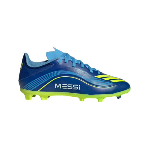 Blue Adidas Messi soccer cleat with yellow accents and 'MESSI' branding, featuring a lime green studded sole.
