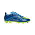 Blue Adidas Messi soccer cleat with yellow accents and 'MESSI' branding, featuring a lime green studded sole.