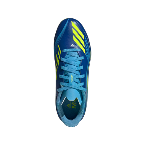 Top-down view of a blue Adidas F50 soccer cleat featuring light blue laces and bright yellow accents on a black background.