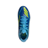 Top-down view of a blue Adidas F50 soccer cleat featuring light blue laces and bright yellow accents on a black background.