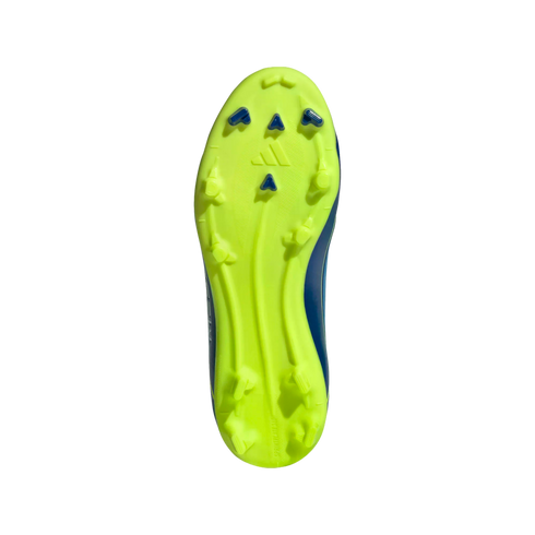 Bottom view of a neon yellow Adidas soccer cleat sole with dark blue and yellow studs on a black background.
