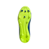 Bottom view of a neon yellow Adidas soccer cleat sole with dark blue and yellow studs on a black background.