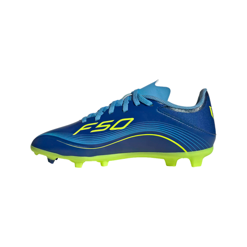 Profile of a blue soccer cleat with neon yellow "F50" branding, decorative curved lines, and a lime green studded sole.