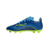 Profile of a blue soccer cleat with neon yellow "F50" branding, decorative curved lines, and a lime green studded sole.