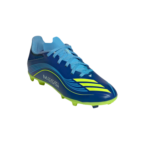 A royal blue Adidas Messi soccer cleat with neon yellow-green accents and studs, set against a solid black background.