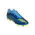 A royal blue Adidas Messi soccer cleat with neon yellow-green accents and studs, set against a solid black background.