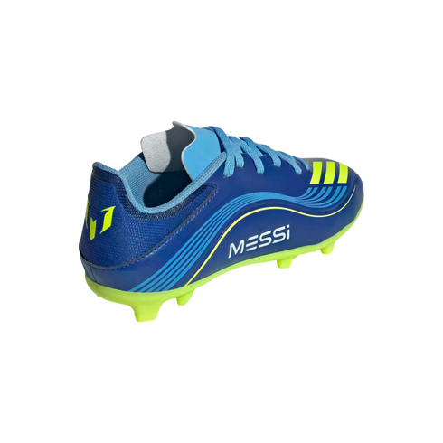 Blue and neon yellow Adidas Messi soccer cleat shown from a rear side angle, featuring Messi's logo on the heel and his name on the side.