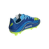 Blue and neon yellow Adidas Messi soccer cleat shown from a rear side angle, featuring Messi's logo on the heel and his name on the side.