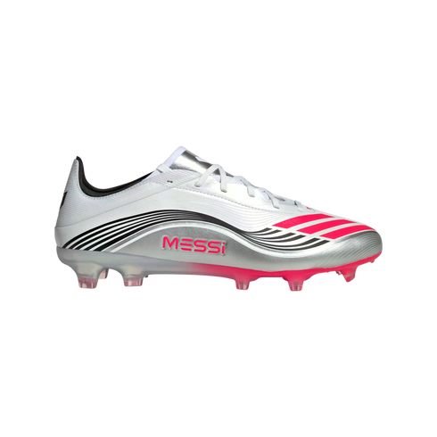 Metallic silver soccer cleat with pink and black wave patterns and "MESSI" branding on the side.