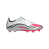 Metallic silver soccer cleat with pink and black wave patterns and "MESSI" branding on the side.