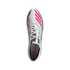 Top-down view of a silver Adidas soccer cleat with neon pink stripes, white laces, and "MESSI" printed on the insole.