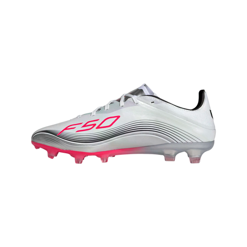 Profile view of a white F50 soccer cleat with a pink logo, black curved graphics, and pink studs against a white background.