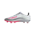 Profile view of a white F50 soccer cleat with a pink logo, black curved graphics, and pink studs against a white background.
