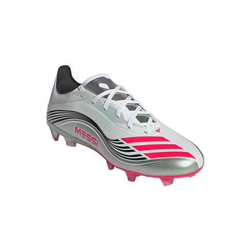 Silver and pink Adidas Messi soccer cleat featuring a metallic finish, pink three-stripes on the toe, and the word "MESSI" on the side.