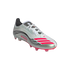 Silver and pink Adidas Messi soccer cleat featuring a metallic finish, pink three-stripes on the toe, and the word "MESSI" on the side.