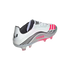 White and silver Adidas Messi soccer cleat featuring "MESSI" branding in pink, black graphic lines, and pink studs.