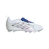 Side profile of a white Adidas Predator soccer cleat with a blue fold-over tongue and black side stripes, shown on a black background.
