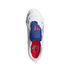 Top-down view of a white Adidas shoe with a blue lace cover and red stripes. The red interior features a white signature. Set against a solid black background.