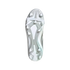 Bottom view of a white soccer cleat with clear studs and an elastic forefoot strap, set against a solid black background.