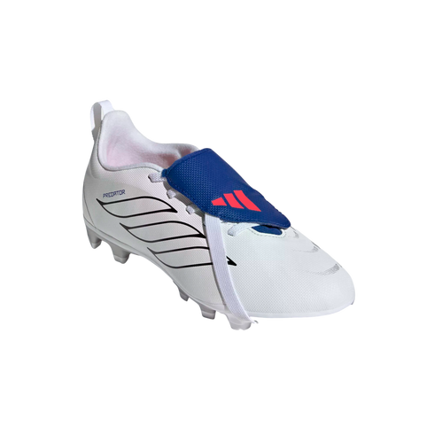 A white Adidas Predator soccer cleat with a blue fold-over tongue, red logo, and black side stripes, shown against a black background.