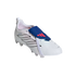 A white Adidas Predator soccer cleat with a blue fold-over tongue, red logo, and black side stripes, shown against a black background.