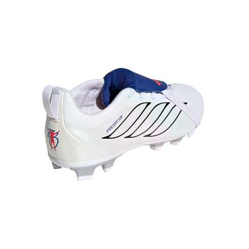 White Adidas Predator soccer shoe with black stripes, blue tongue, and red/blue heel logo, shown from a rear-side angle on a black background.