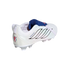 White Adidas Predator soccer shoe with black stripes, blue tongue, and red/blue heel logo, shown from a rear-side angle on a black background.
