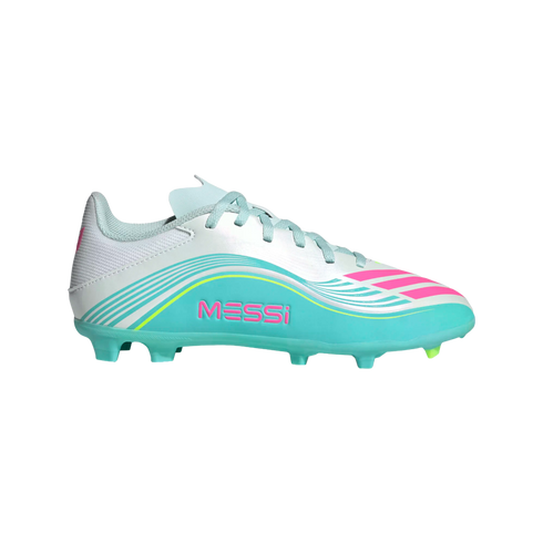 White and light blue Adidas Messi soccer cleat with pink accents. Features the "MESSI" name on the side and a molded turquoise sole with studs.