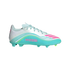 White and light blue Adidas Messi soccer cleat with pink accents. Features the "MESSI" name on the side and a molded turquoise sole with studs.