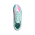 A top-down view of a white Adidas F50 Messi soccer cleat with pink and teal accents, featuring the 'MESSI' logo inside, isolated on a black background.