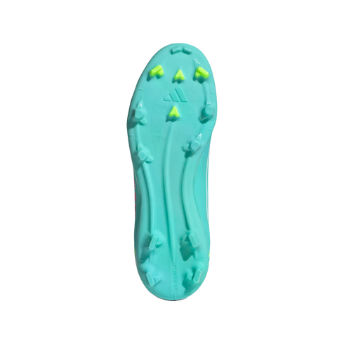 Bottom view of a teal Adidas soccer cleat with neon yellow studs and "SPRINTPLATE 360" branding against a black background.