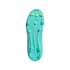 Bottom view of a teal Adidas soccer cleat with neon yellow studs and "SPRINTPLATE 360" branding against a black background.