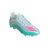 A light blue and teal soccer cleat with pink stripes and "MESSI" branding on the side, set against a black background.